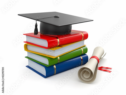 Photo: Graduation. Mortarboard, diploma and books. 3d Graduation. Mortarboard, diploma and books. 3d