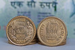Photo: Close up of Indian Coin 5 rupees isolated copy space Close up of Indian Coin 5 rupees isolated copy space