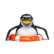 3d Penguin in glasses floats in a lifering