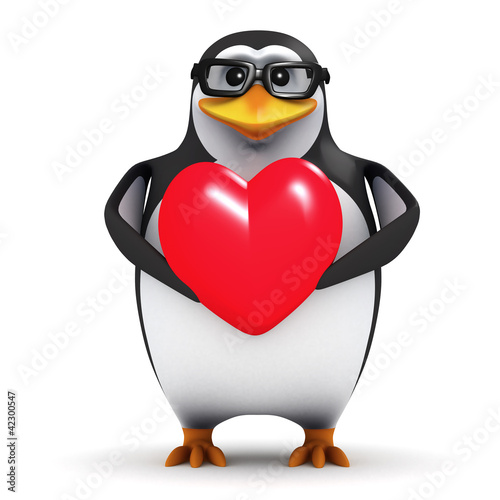 Illustration: 3d Penguin in glasses holds a Valentines heart 3d Penguin in glasses holds a Valentines heart