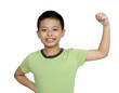 Photo: cheerful smiling little boy raised his hands up. cheerful smiling little boy raised his hands up.