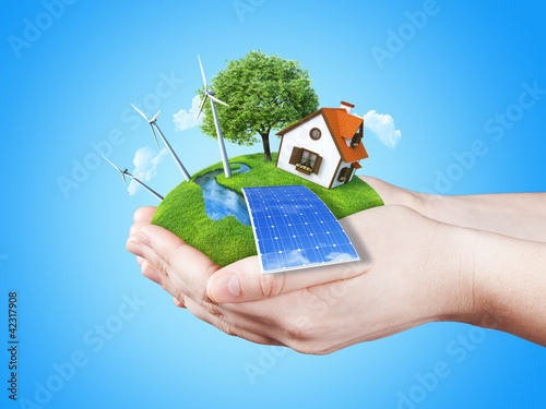 Illustration: Hands holding clear green meadow alternative energy concept Hands holding clear green meadow alternative energy concept