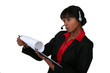 black businesswoman with headset holding clipboard