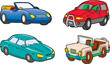 group of suv, jeep, cabriolet and car