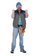 Tradesman gripping an invisible steering wheel