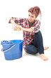 cleaning floor young woman with blue bucket, full length