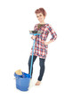 young woman with blue bucket, in headscarf cleaning floor
