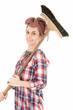 young woman with cleaning sweep, white background