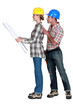 young female architect and male builder against background