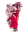 Vector: Japanese girl in red traditional clothes with umbrella. Japanese girl in red traditional clothes with umbrella.