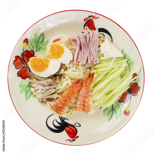 Photo: Japanese ramen noodles with shrimp, pork, ham and eggs. Japanese ramen noodles with shrimp, pork, ham and eggs.