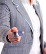 Closeup view of a female holding a plastic card