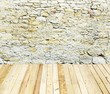 stone wall with wooden floor