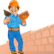 Vector: vector cheerful bricklayer builder in the orange helmet with bri vector cheerful bricklayer builder in the orange helmet with bri