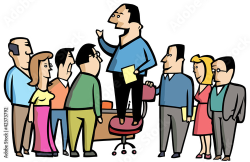 Vector: Man gives an announcement to group of workers Man gives an announcement to group of workers