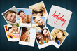 table with holiday photos of happy joying people
