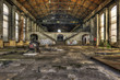Imposing staircases inside the hall of an abandoned coal mine