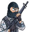 Cartoon SWAT member with a gun. Isolated on white