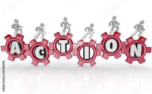 Illustration: Action Team Marches on Word in Gears Forward Progression Action Team Marches on Word in Gears Forward Progression