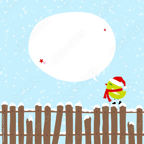 Vettoriale: Green Bird Scarf & Hat On Fence Christmas Speech Bubble Blue Green Bird Scarf & Hat On Fence Christmas Speech Bubble Blue