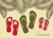 Illustration of three pairs of flip-flops on the beach.