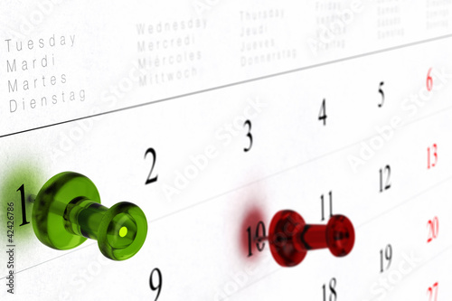 Illustration: weekly calendar with green and red thumbtack s weekly calendar with green and red thumbtack s