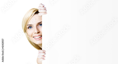 Photo: Smiling Business Woman Showing Blank Card Smiling Business Woman Showing Blank Card