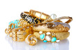Beautiful golden bracelets and rings isolated on white