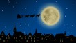 Weihnachtsmann mit Rentierschlitten über einer Stadtkulisse