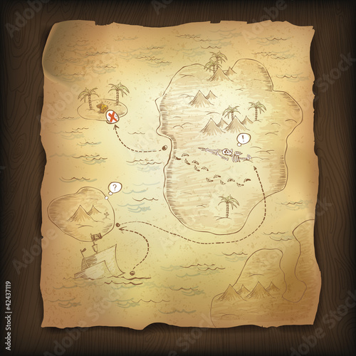Vetor: Treasure map on wooden background. Treasure map on wooden background.