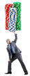 Businessman and casino chips on white