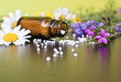 Homöopathische Globuli mit verschiedenen Blüten