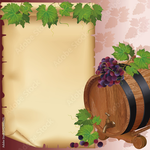 Vector: Wine background with grape, barrel and paper Wine background with grape, barrel and paper