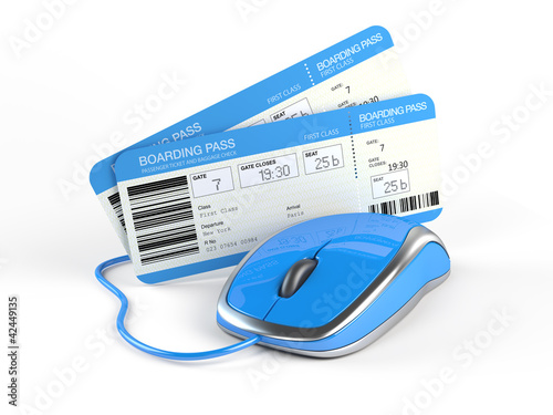 Illustration: Airline tickets and mouse - Online booking concept Airline tickets and mouse - Online booking concept