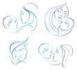Mother with baby. Set of linear silhouette illustrations