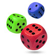 Red, green & blue dices isolated against a white background
