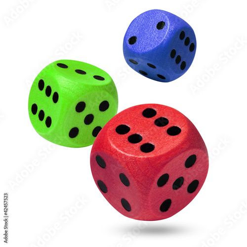 Photo: Red, green & blue dices isolated against a white background Red, green & blue dices isolated against a white background