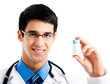 Happy doctor with medicament, isolated