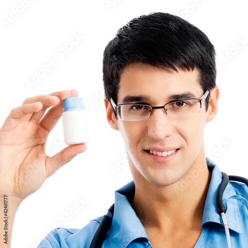 Foto: Happy doctor with medicament, isolated Happy doctor with medicament, isolated