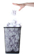 hand going garbage in metal trash bin from paper isolated