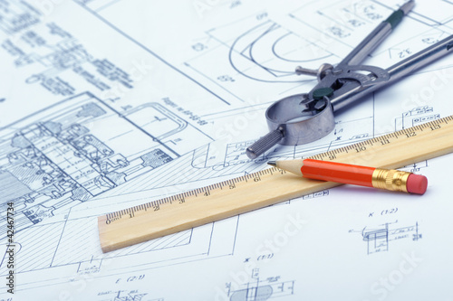 Photo: The plan industrial details, a protractor, caliper, divider and The plan industrial details, a protractor, caliper, divider and