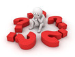 Stressed 3d man sitting amongst red question marks