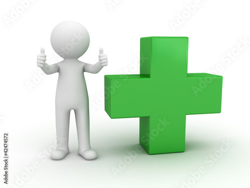 Illustration: 3d man showing thumbs up with green plus sign 3d man showing thumbs up with green plus sign