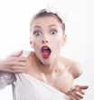 Excited shouting young pretty woman isolated on white background