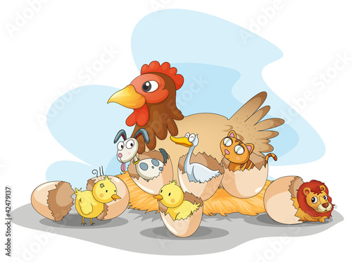 Vector: Hen and animals Hen and animals