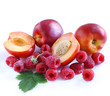 Nectarines and raspberry on white background
