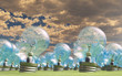 Group of human head lightbulbs in landscape