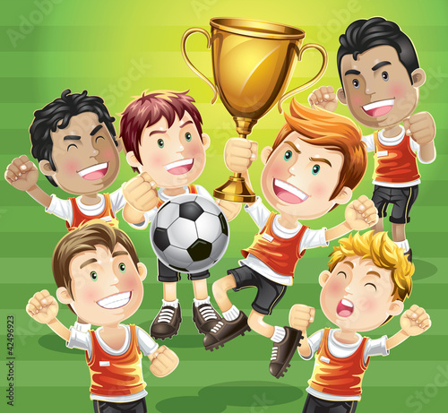 Vektor: Children Soccer champion with winners trophy. cartoon character Children Soccer champion with winners trophy. cartoon character