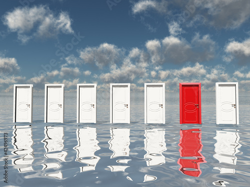 Illustration: Sigle red door among several floating doors in surreal landscape Sigle red door among several floating doors in surreal landscape