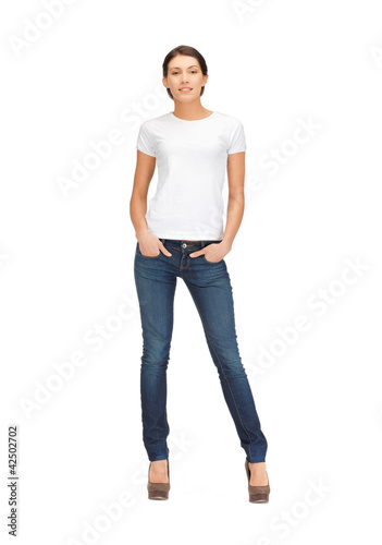 Photo: smiling woman in blank white t-shirt smiling woman in blank white t-shirt